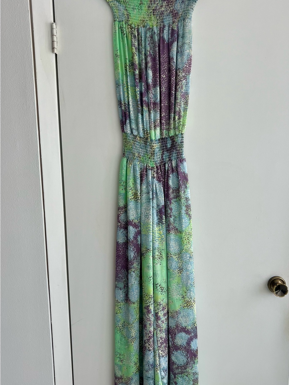 Alexis Smocked Strapless Jumpsuit in Mint Green & Purple